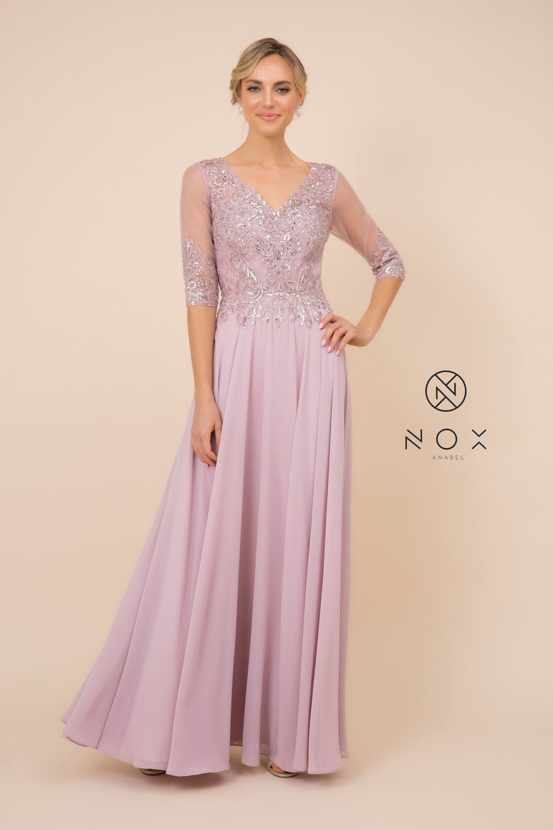 Mid-Sleeve Gown with Applique Bodice by Nox Anabel Y533