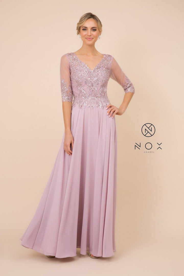Mid-Sleeve Gown with Applique Bodice by Nox Anabel Y533