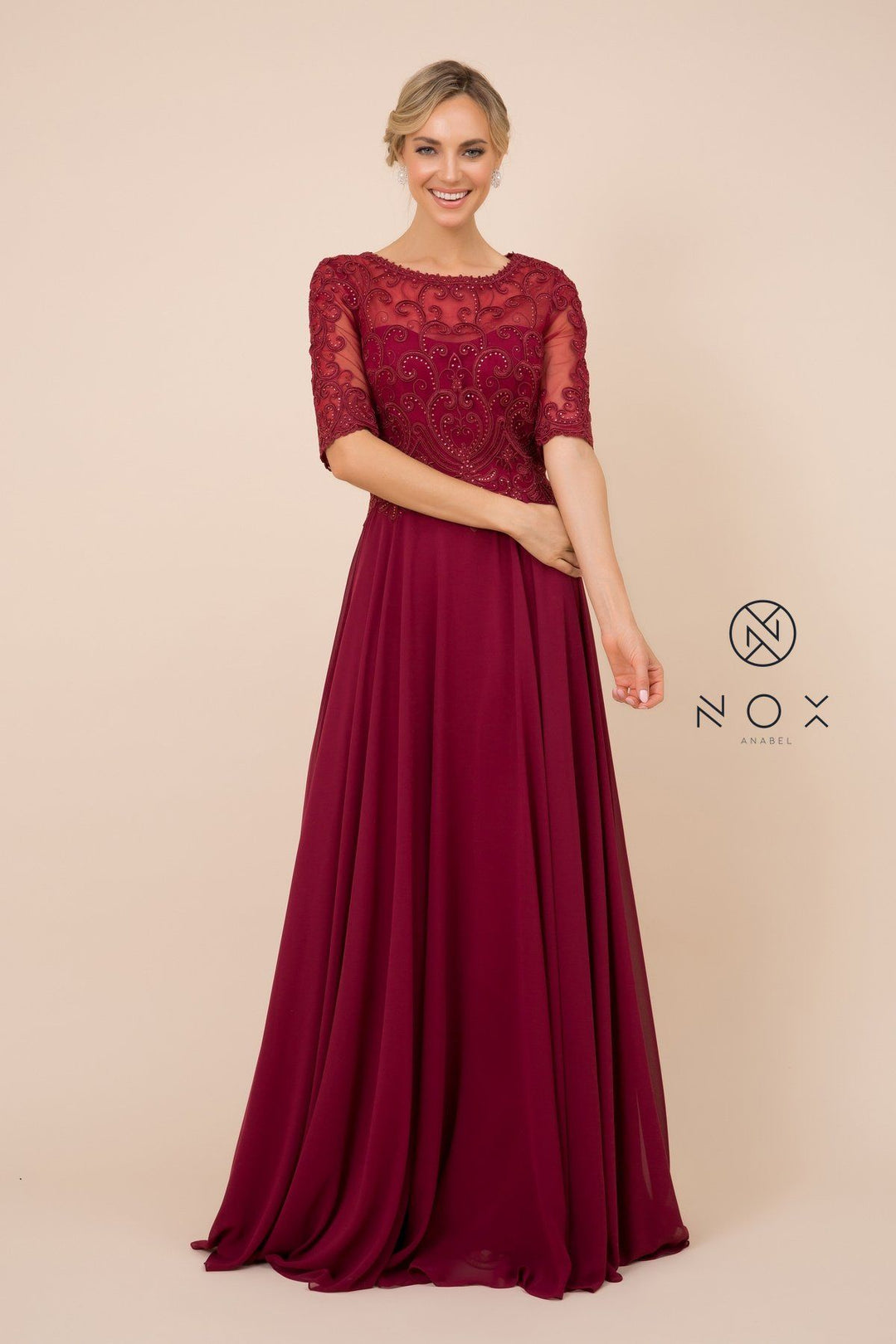 Mid-Sleeve Gown with Embellished Bodice by Nox Anabel Y538