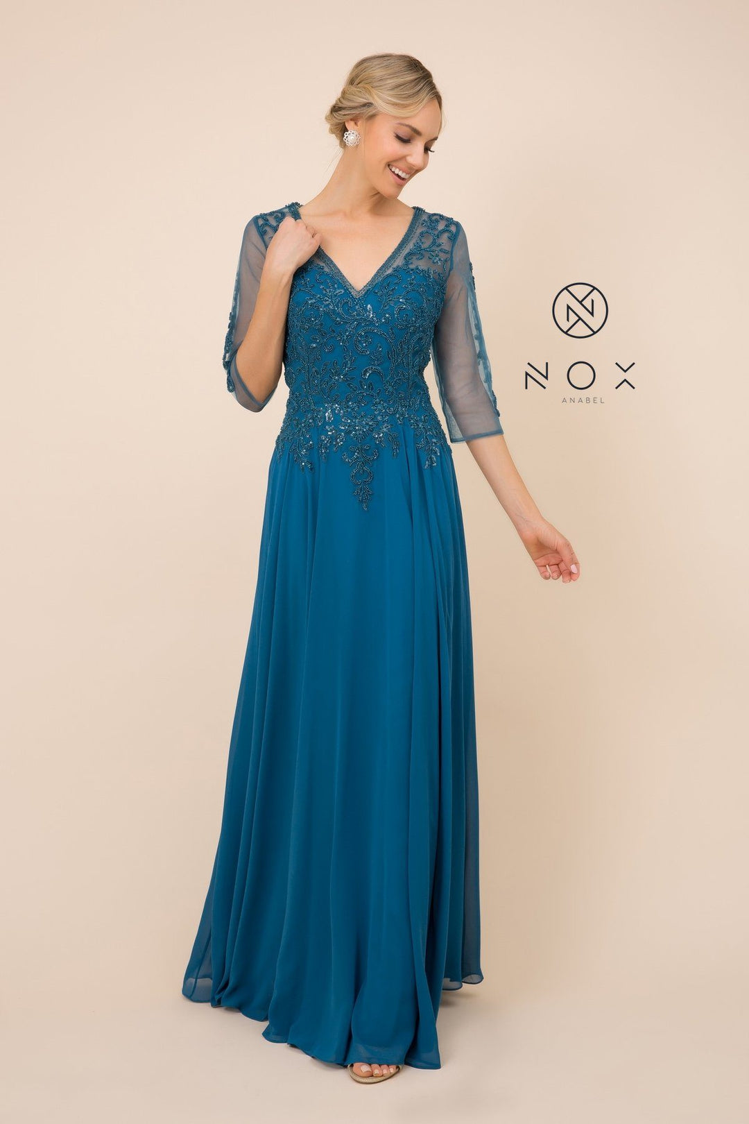 Mid-Sleeve Gown with Sequin Bodice by Nox Anabel H537
