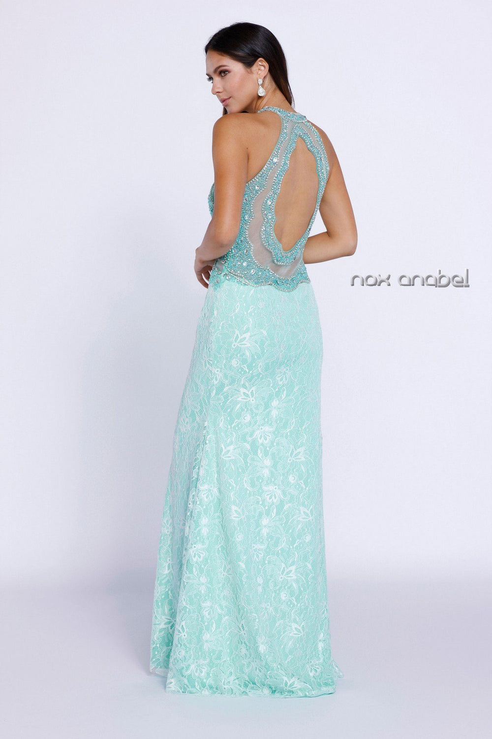 Mint Green Beaded Lace Halter Illusion Dress by Nox Anabel 8215-Long Formal Dresses-ABC Fashion