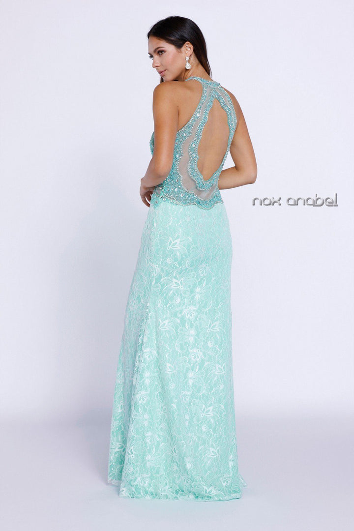 Mint Green Beaded Lace Halter Illusion Dress by Nox Anabel 8215-Long Formal Dresses-ABC Fashion