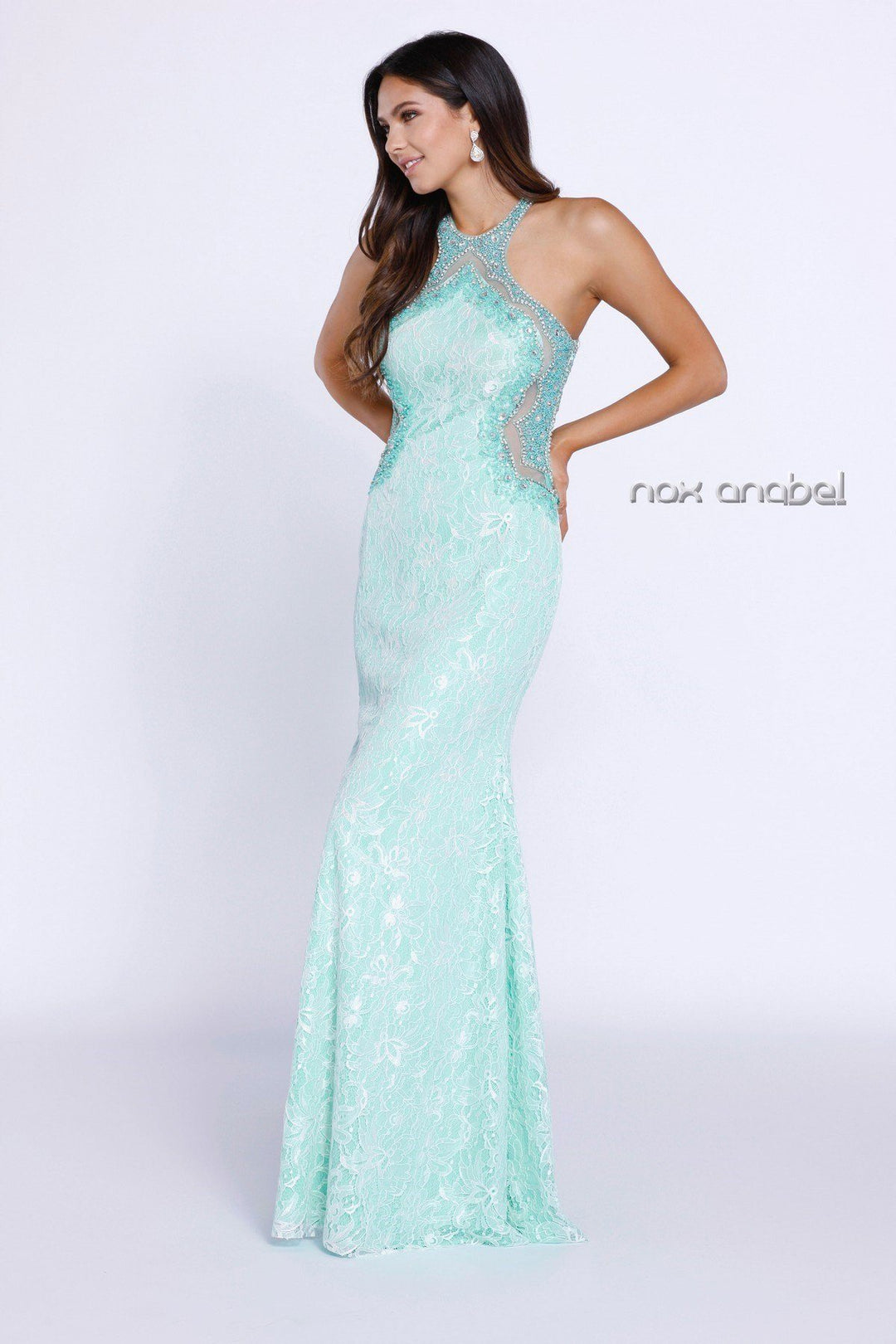 Mint Green Beaded Lace Halter Illusion Dress by Nox Anabel 8215-Long Formal Dresses-ABC Fashion