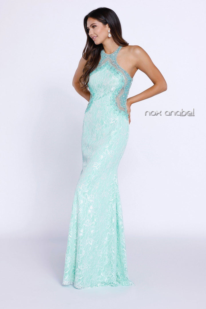 Mint Green Beaded Lace Halter Illusion Dress by Nox Anabel 8215-Long Formal Dresses-ABC Fashion