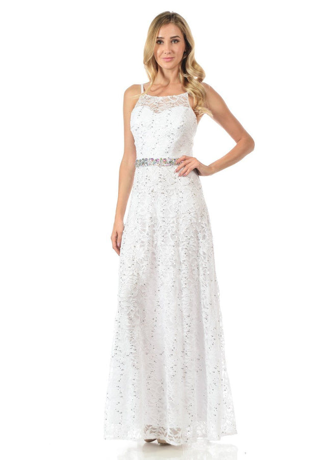 Mint Long Sequined Lace Dress with Lace Caplet-Long Formal Dresses-ABC Fashion