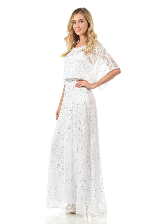 Mint Long Sequined Lace Dress with Lace Caplet-Long Formal Dresses-ABC Fashion