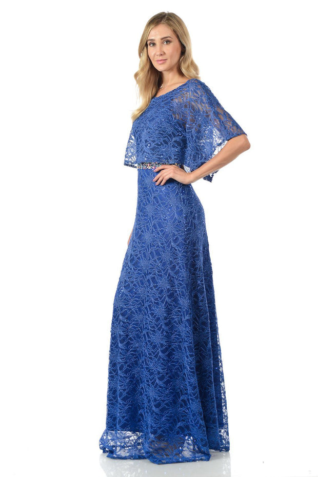 Mint Long Sequined Lace Dress with Lace Caplet-Long Formal Dresses-ABC Fashion