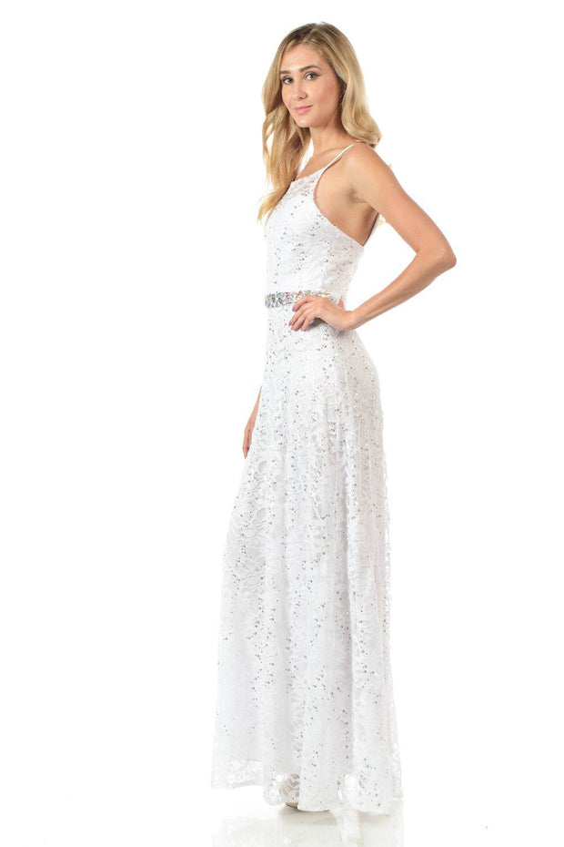 Mint Long Sequined Lace Dress with Lace Caplet-Long Formal Dresses-ABC Fashion