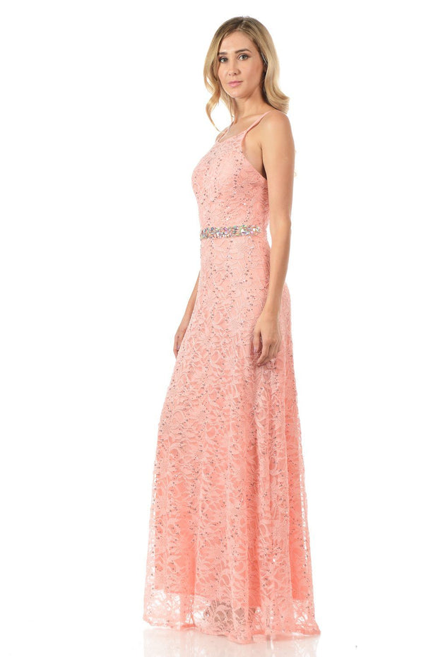 Mint Long Sequined Lace Dress with Lace Caplet-Long Formal Dresses-ABC Fashion