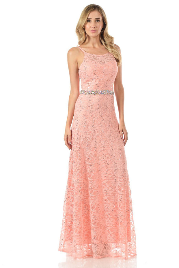 Mint Long Sequined Lace Dress with Lace Caplet-Long Formal Dresses-ABC Fashion