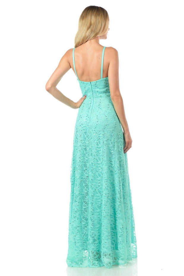Mint Long Sequined Lace Dress with Lace Caplet-Long Formal Dresses-ABC Fashion
