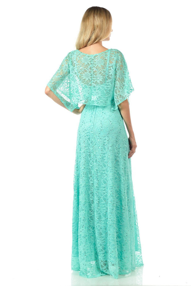 Mint Long Sequined Lace Dress with Lace Caplet-Long Formal Dresses-ABC Fashion