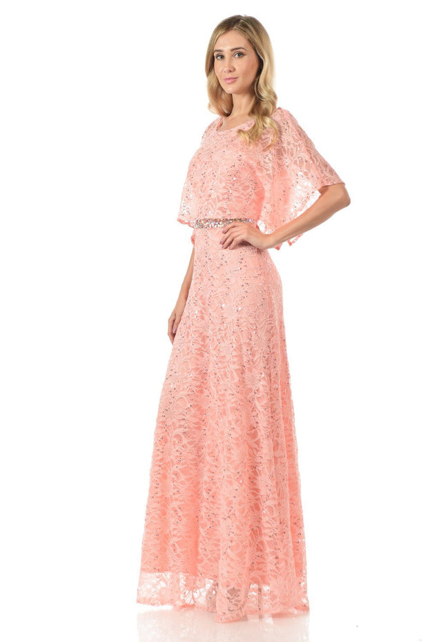 Mint Long Sequined Lace Dress with Lace Caplet-Long Formal Dresses-ABC Fashion