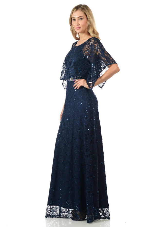 Mint Long Sequined Lace Dress with Lace Caplet-Long Formal Dresses-ABC Fashion