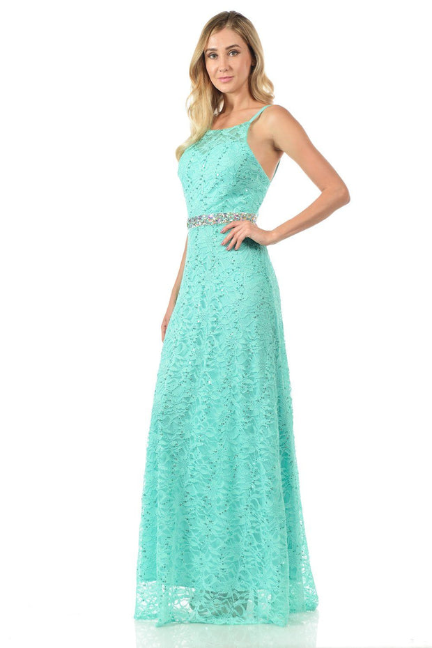 Mint Long Sequined Lace Dress with Lace Caplet-Long Formal Dresses-ABC Fashion