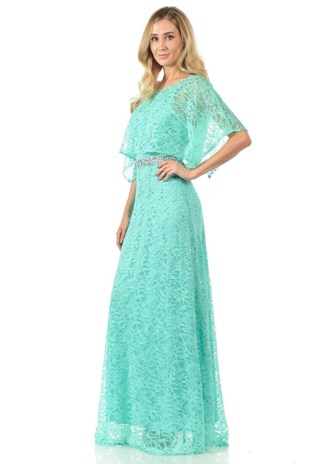 Mint Long Sequined Lace Dress with Lace Caplet-Long Formal Dresses-ABC Fashion