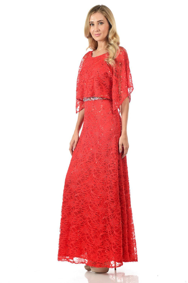 Mint Long Sequined Lace Dress with Lace Caplet-Long Formal Dresses-ABC Fashion