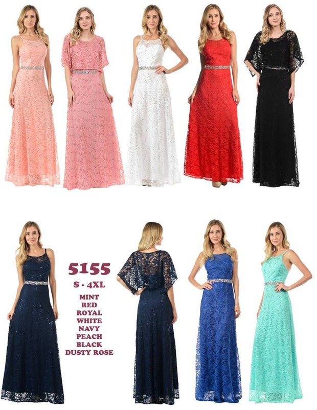 Mint Long Sequined Lace Dress with Lace Caplet-Long Formal Dresses-ABC Fashion