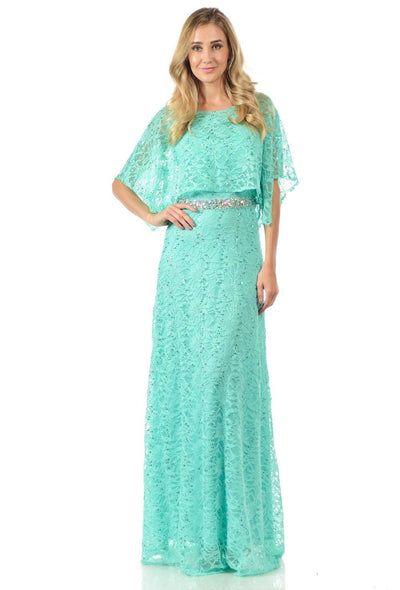 Mint Long Sequined Lace Dress with Lace Caplet-Long Formal Dresses-ABC Fashion