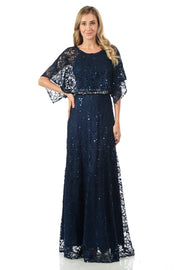 Mint Long Sequined Lace Dress with Lace Caplet-Long Formal Dresses-ABC Fashion