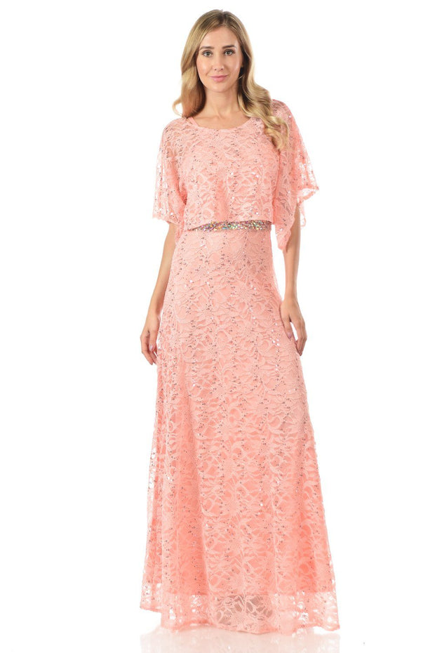 Mint Long Sequined Lace Dress with Lace Caplet-Long Formal Dresses-ABC Fashion