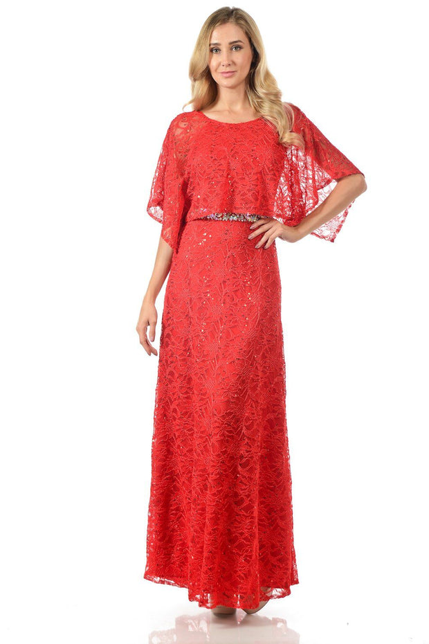 Mint Long Sequined Lace Dress with Lace Caplet-Long Formal Dresses-ABC Fashion