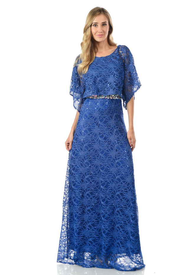 Mint Long Sequined Lace Dress with Lace Caplet-Long Formal Dresses-ABC Fashion
