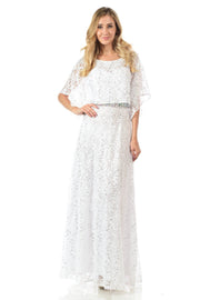 Mint Long Sequined Lace Dress with Lace Caplet-Long Formal Dresses-ABC Fashion