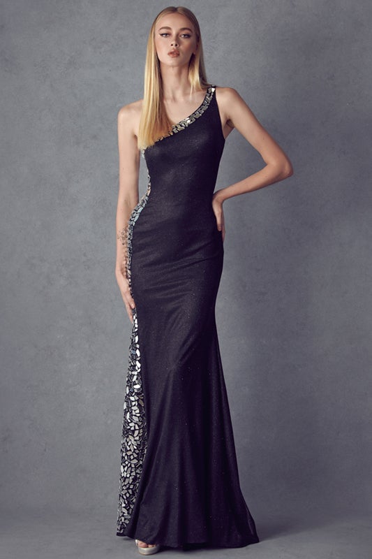 Mirror Beaded Fitted One Shoulder Gown by Juliet 253