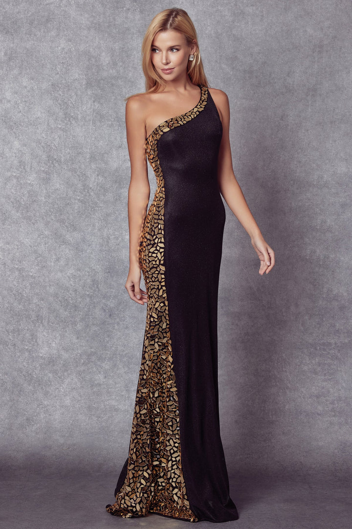 Mirror Beaded Fitted One Shoulder Gown by Juliet 253