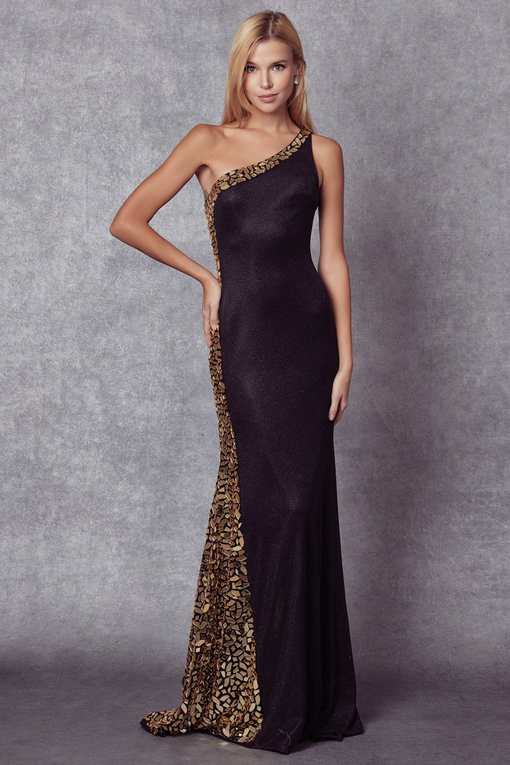 Mirror Beaded Fitted One Shoulder Gown by Juliet 253