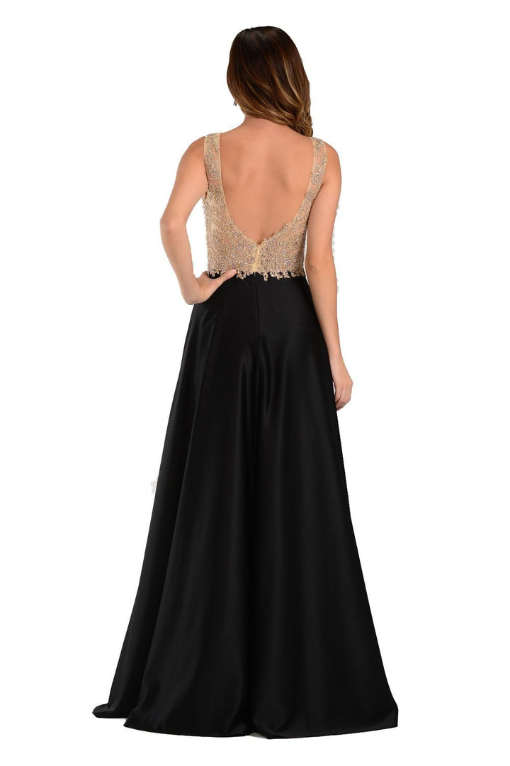 Mocha Long A Line Gown with Lace Applique Bodice by Poly USA-Long Formal Dresses-ABC Fashion