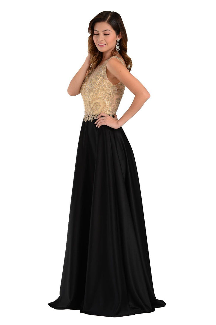 Mocha Long A Line Gown with Lace Applique Bodice by Poly USA-Long Formal Dresses-ABC Fashion