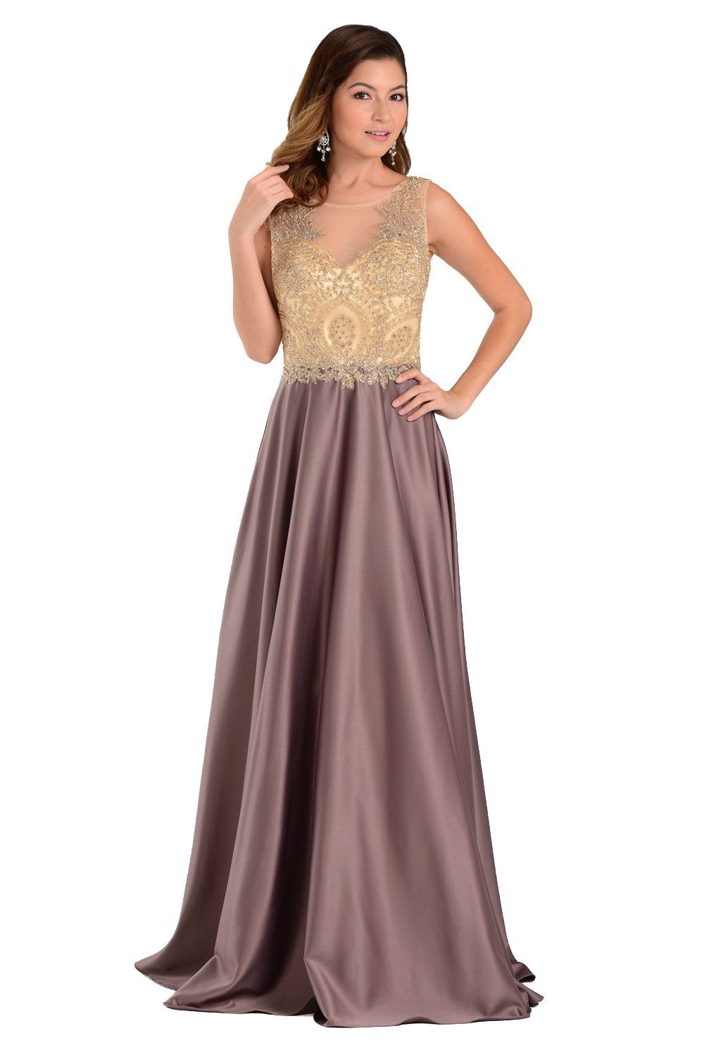 Mocha Long A Line Gown with Lace Applique Bodice by Poly USA-Long Formal Dresses-ABC Fashion