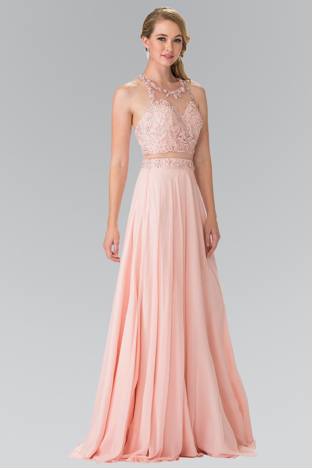 Mock Two-Piece Dress with Beaded Illusion Top by Elizabeth K GL2347-Long Formal Dresses-ABC Fashion