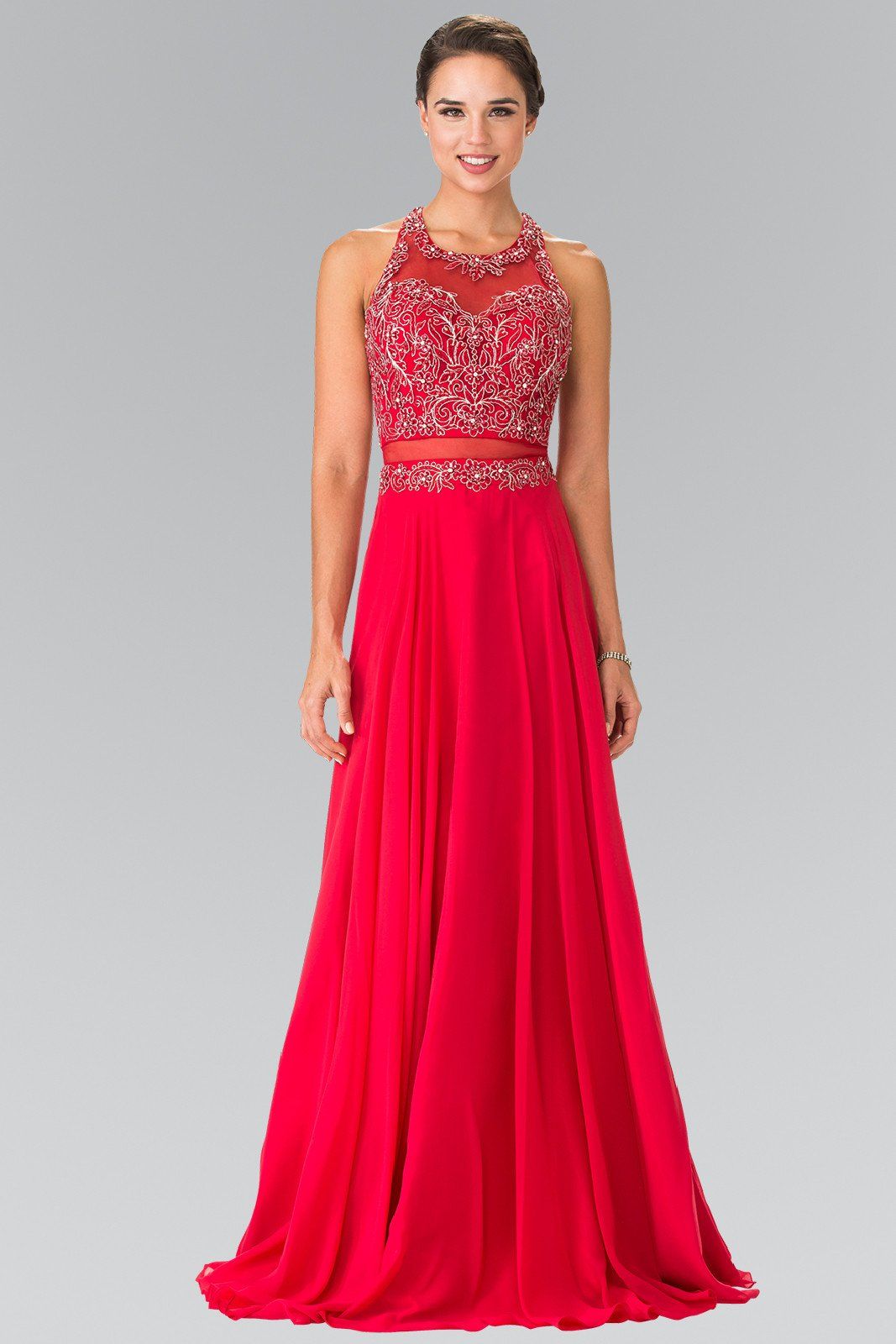 Mock Two-Piece Dress with Beaded Illusion Top by Elizabeth K GL2347-Long Formal Dresses-ABC Fashion