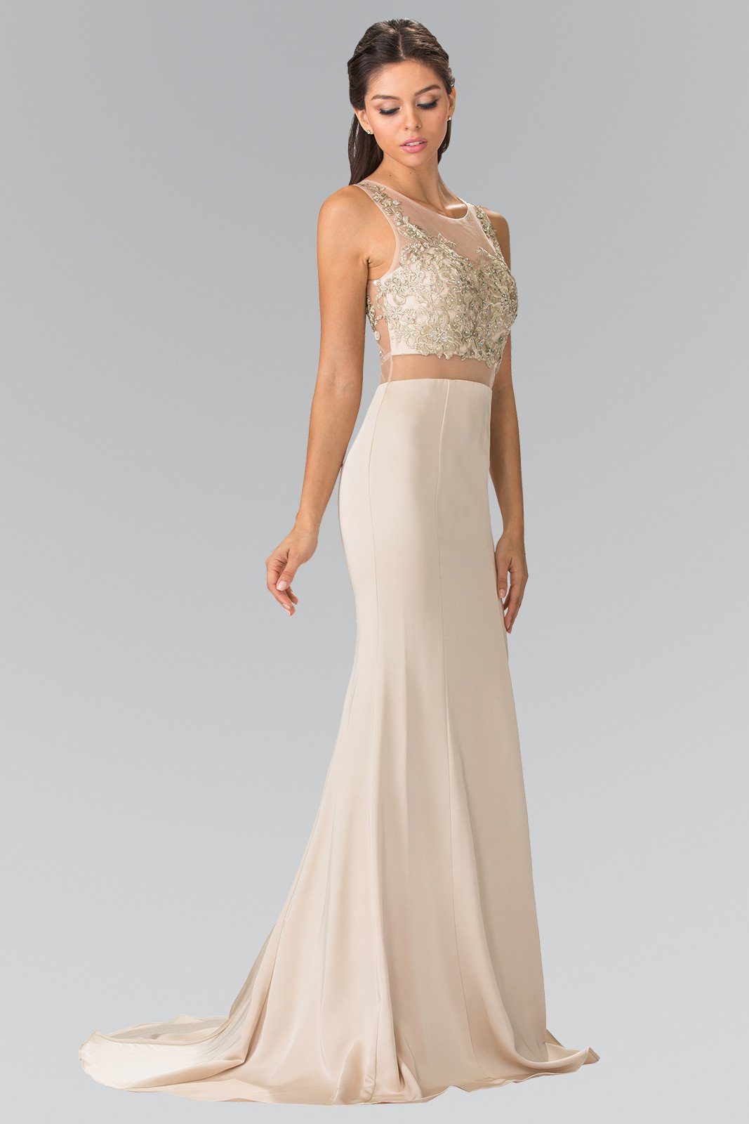 Mock Two-Piece Dress with Embroidered Illusion Top by Elizabeth K GL2247-Long Formal Dresses-ABC Fashion