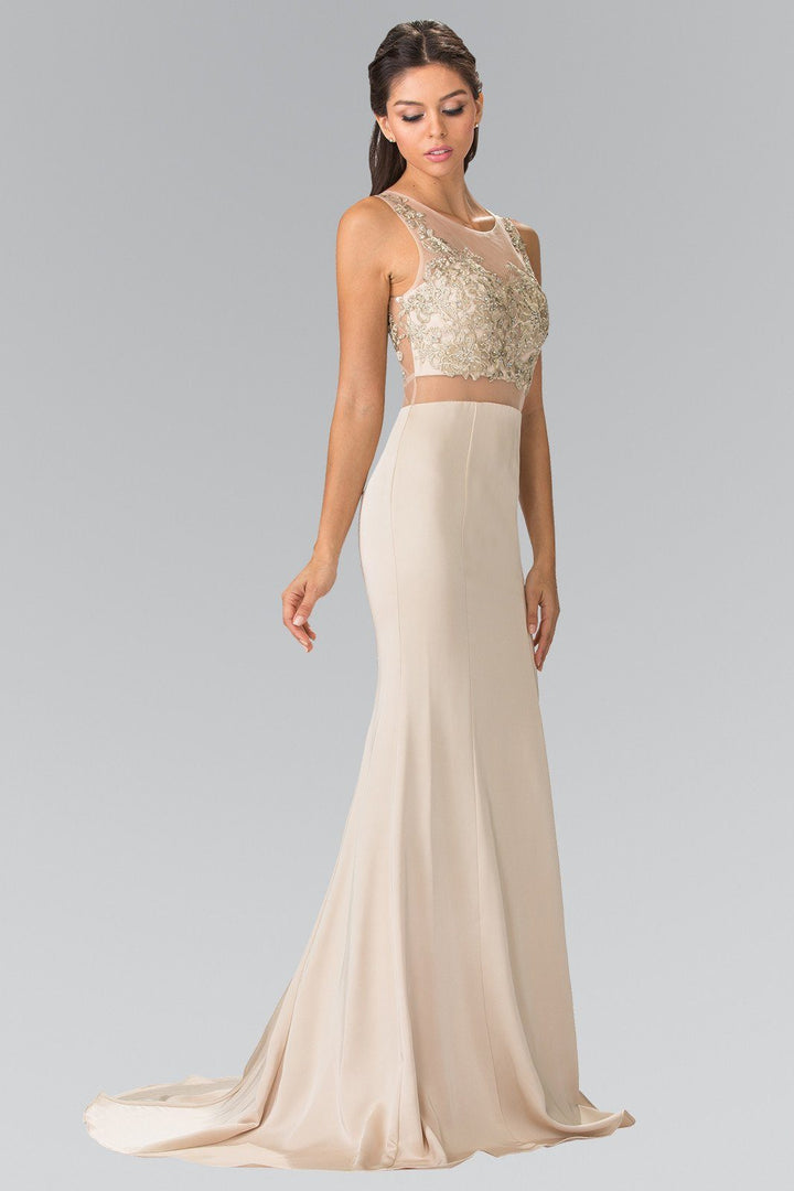 Mock Two-Piece Dress with Embroidered Illusion Top by Elizabeth K GL2247-Long Formal Dresses-ABC Fashion