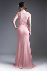 Mock Two-Piece Gown with Lace Top by Cinderella Divine CF115-Long Formal Dresses-ABC Fashion