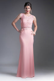 Mock Two-Piece Gown with Lace Top by Cinderella Divine CF115-Long Formal Dresses-ABC Fashion