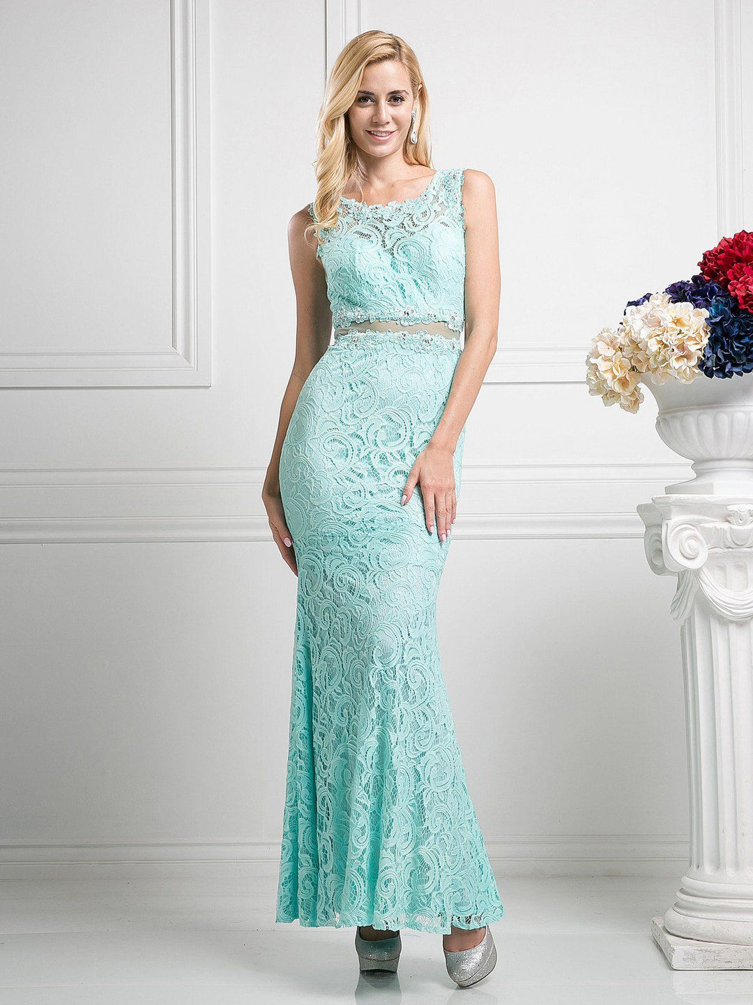 Mock Two Piece Lace Evening Dress by Cinderella Divine CF067L-Long Formal Dresses-ABC Fashion