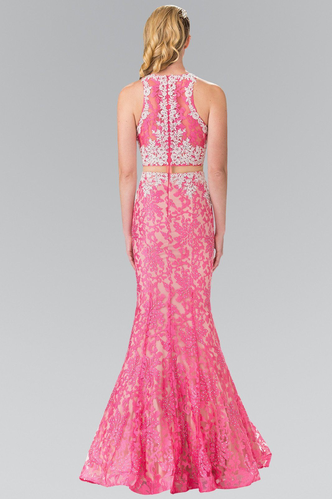 pink lace two piece dress A Line V Neck 2 Pieces Pink Lace Prom Dresses, Two Pieces Pink Lace Fo jbydress