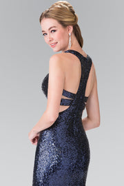 Mock Two-Piece Sequined Dress with Side Cutouts by Elizabeth K GL2333-Long Formal Dresses-ABC Fashion