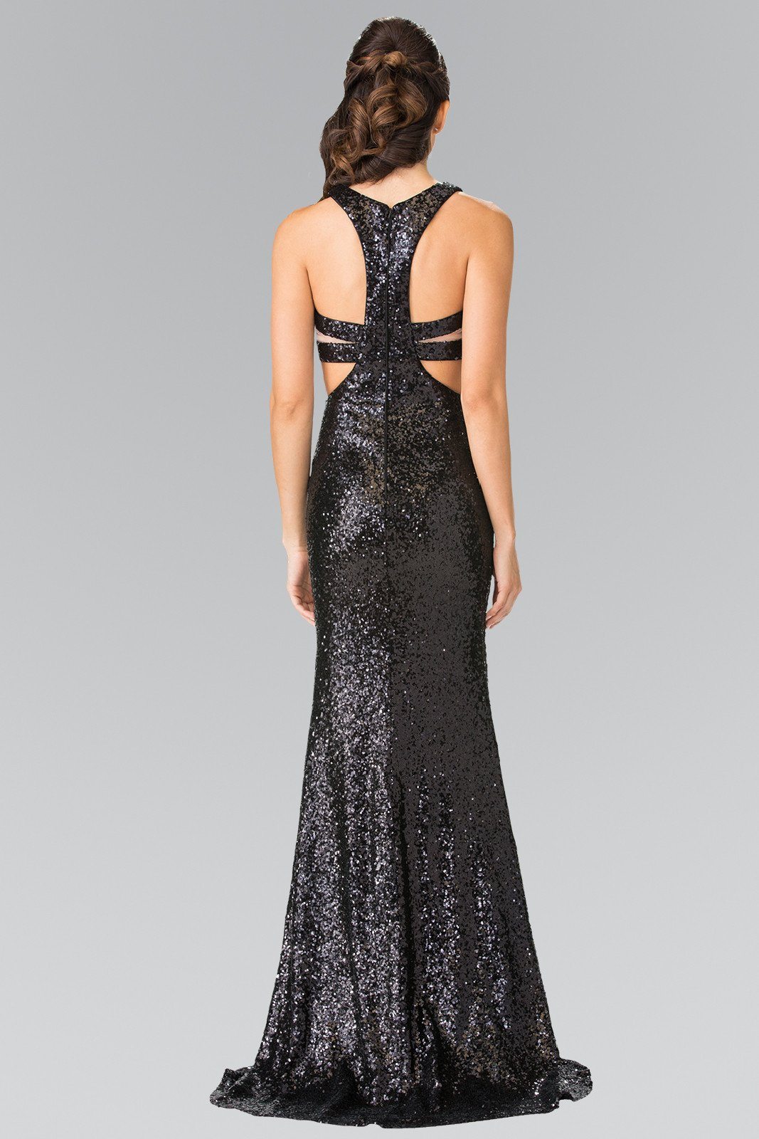 Mock Two-Piece Sequined Dress with Side Cutouts by Elizabeth K GL2333 M / Purple Mock Two-Piece Sequined Dress with Side Cutouts by Elizabeth K GL2333 M / Purple