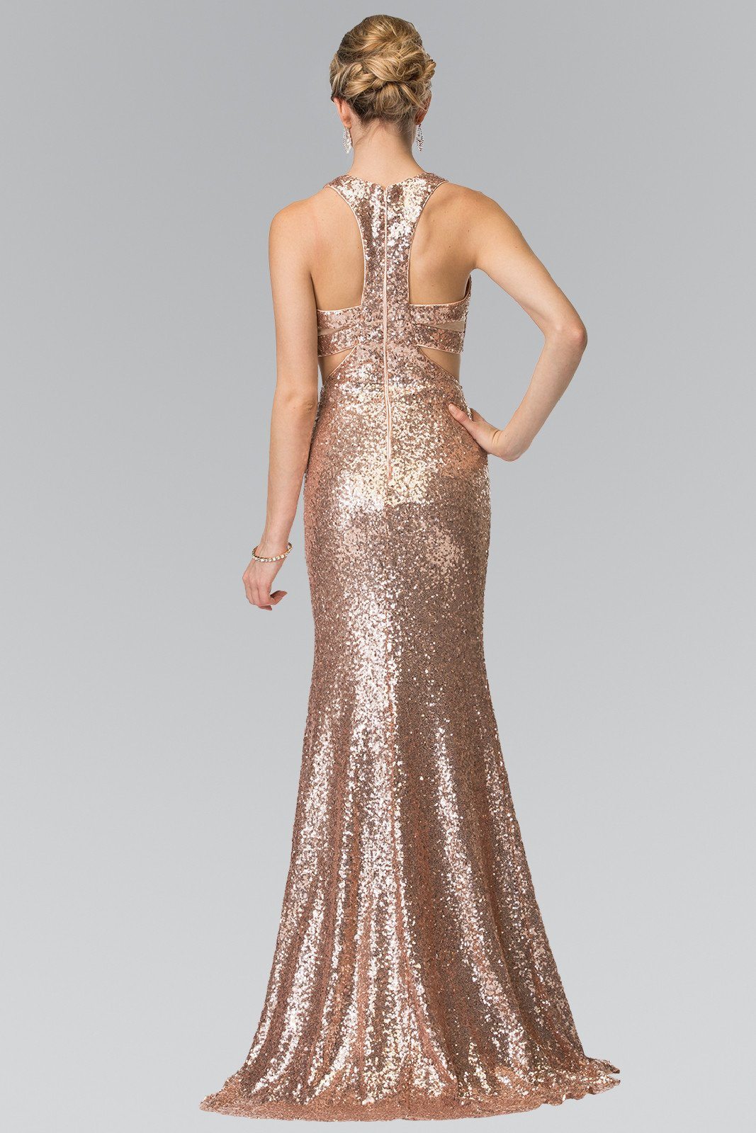 Mock Two-Piece Sequined Dress with Side Cutouts by Elizabeth K GL2333 M / Purple Mock Two-Piece Sequined Dress with Side Cutouts by Elizabeth K GL2333 M / Purple