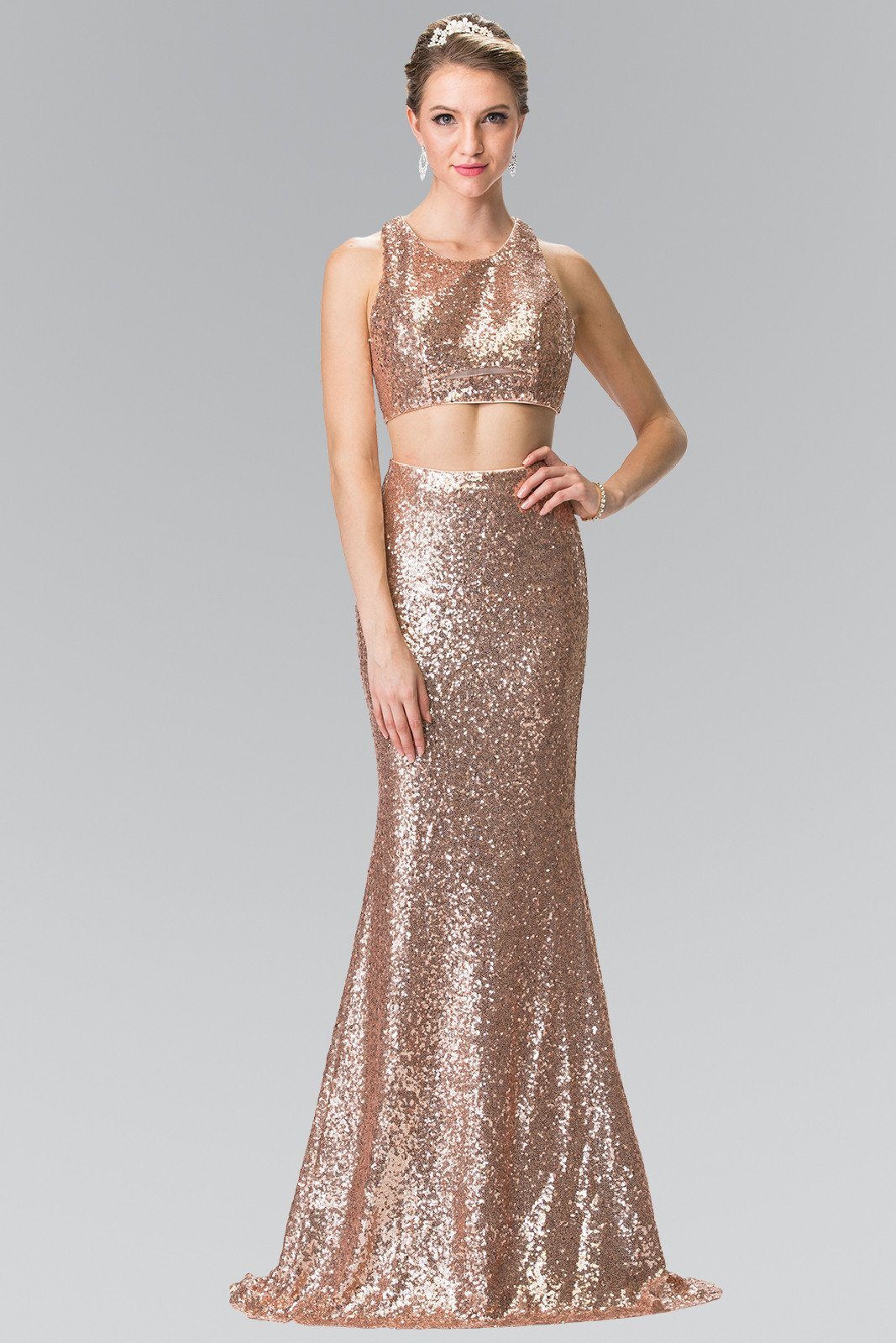 Mock Two-Piece Sequined Dress with Side Cutouts by Elizabeth K GL2333-Long Formal Dresses-ABC Fashion