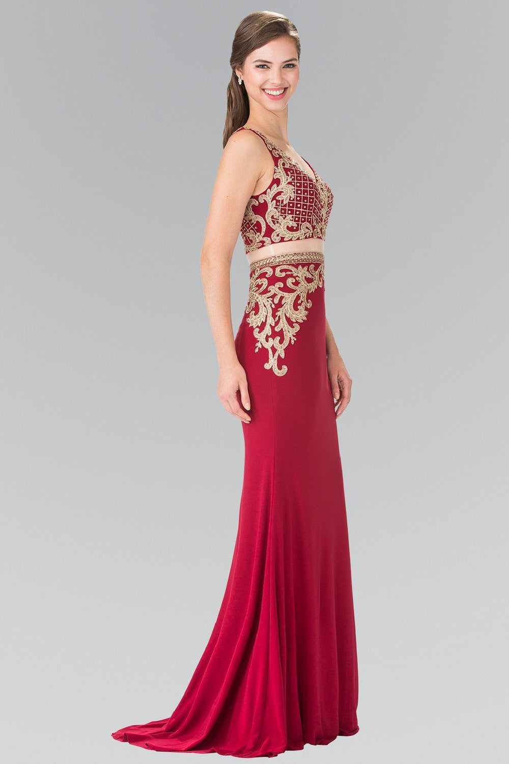 Mock Two-Piece V-Neck Embroidered Dress by Elizabeth K GL2334-Long Formal Dresses-ABC Fashion