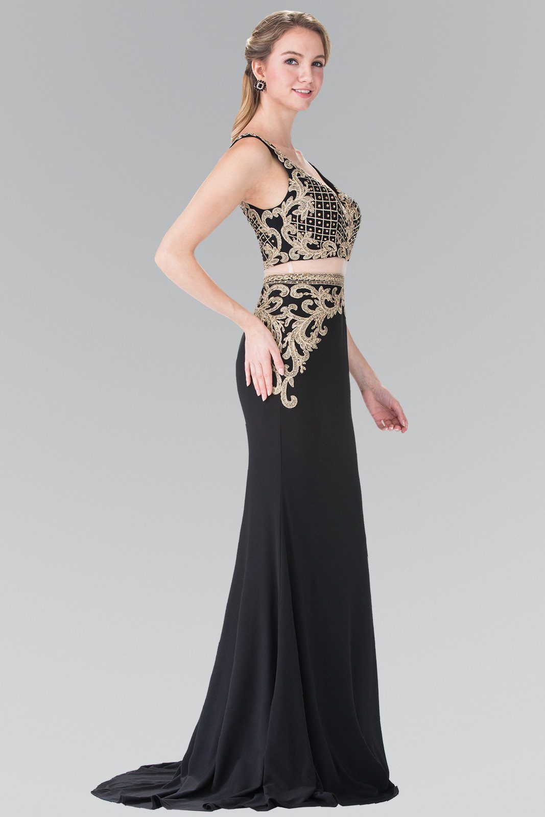 Mock Two-Piece V-Neck Embroidered Dress by Elizabeth K GL2334-Long Formal Dresses-ABC Fashion