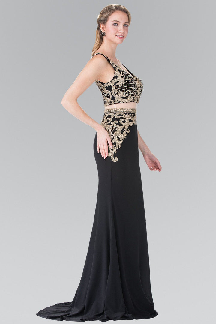 Mock Two-Piece V-Neck Embroidered Dress by Elizabeth K GL2334-Long Formal Dresses-ABC Fashion