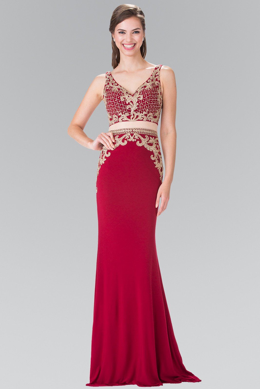 Mock Two-Piece V-Neck Embroidered Dress by Elizabeth K GL2334-Long Formal Dresses-ABC Fashion